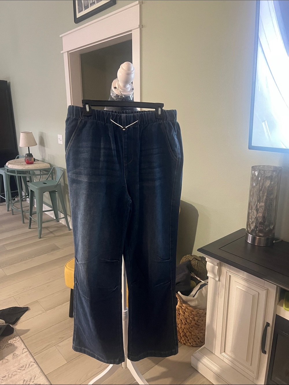 Amazon Women's Dark Blue Elastic Waist Straight-Leg Jeans